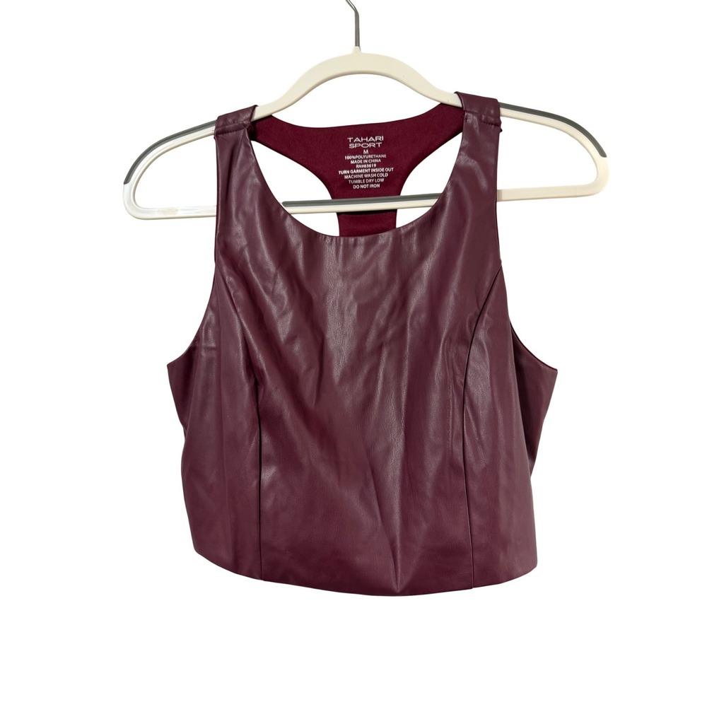 Tahari Sport Womens Faux Leather Racerback Crop Top Burgundy Wine Size M NEW